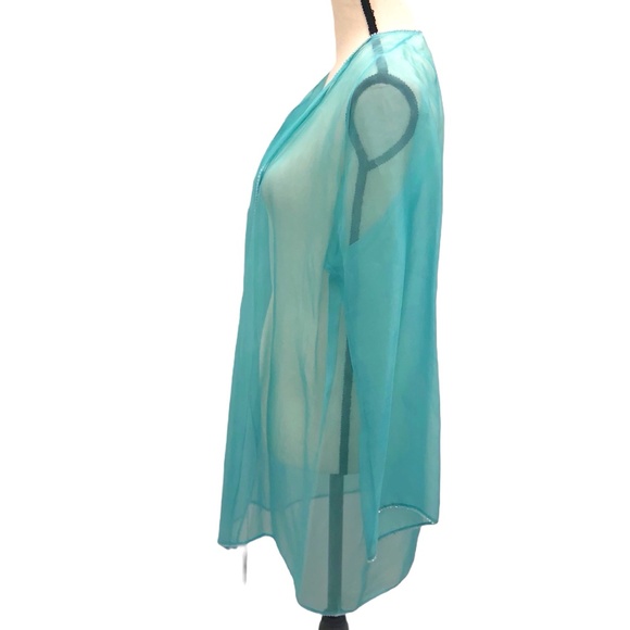 SHAMASK BEADED TURQUIOSE BLUE SILK ORGANZA OPEN JACKET - Picture 11 of 13